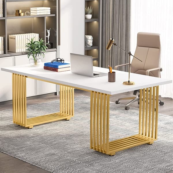 70.9" Modern Office Desk, White Gold Computer Desk Executive Desk Bed